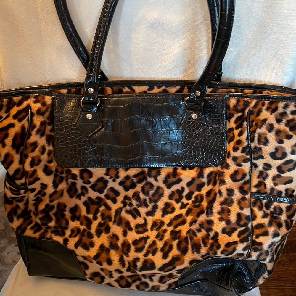 Leopard and Faux Croc Overnight Tote